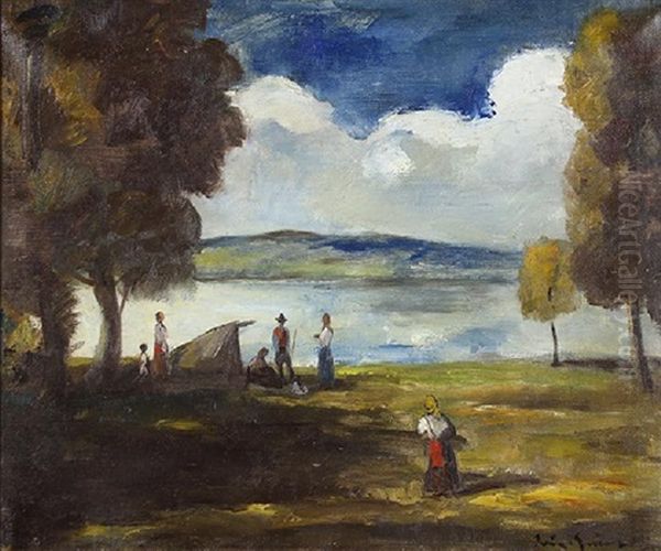 Andscape With Gypsies By A River Oil Painting by Bela Ivanyi Gruenwald
