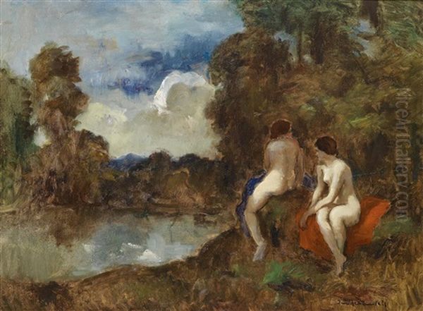 Zwei Nackte Am Teich Oil Painting by Bela Ivanyi Gruenwald