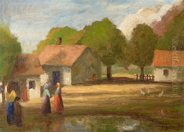 Dorf Mit Ententeich Oil Painting by Bela Ivanyi Gruenwald