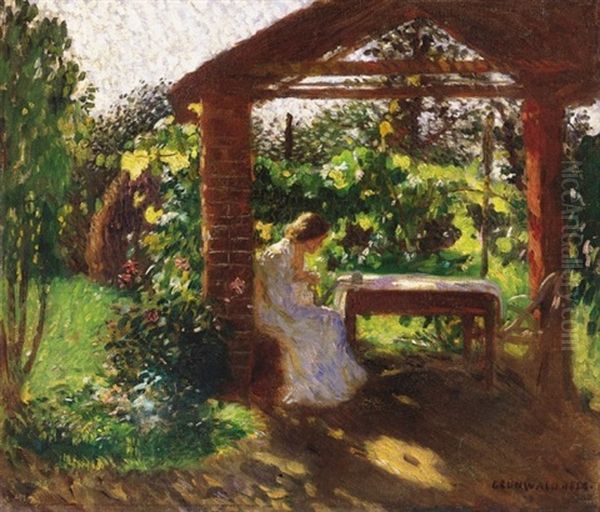 Lady Sitting In An Arbour Oil Painting by Bela Ivanyi Gruenwald