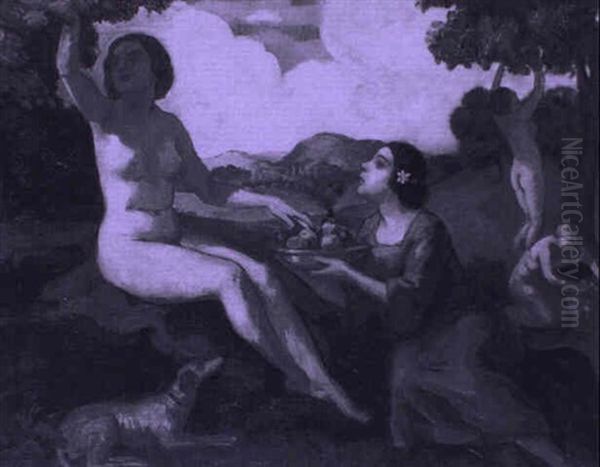 Two Women In A Landscape Oil Painting by Bela Ivanyi Gruenwald