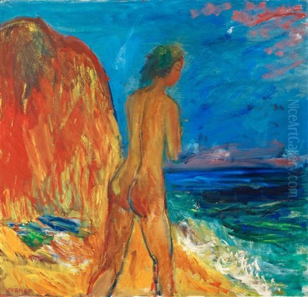 Badande Flicka (rod Klippa) Oil Painting by Ivan Ivarson