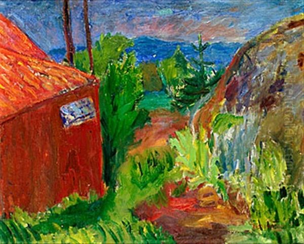 Landskap Med Rod Hus Oil Painting by Ivan Ivarson