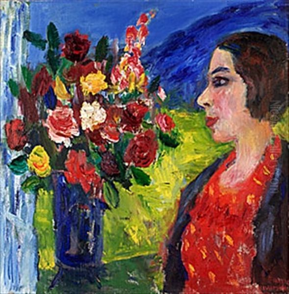 Blommor Och Konstnarens Hustru Oil Painting by Ivan Ivarson