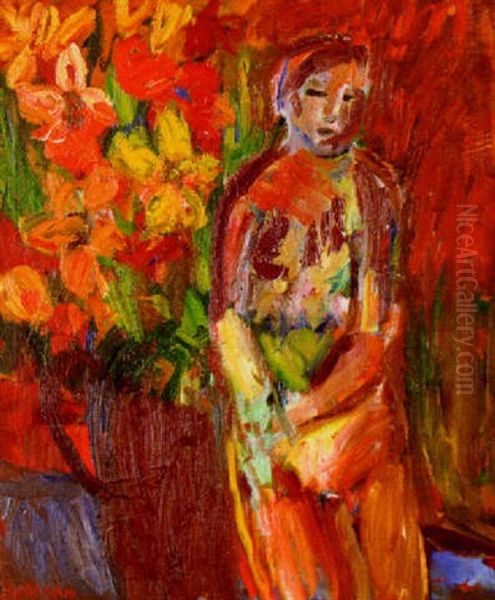 Modell Med Blommor Oil Painting by Ivan Ivarson
