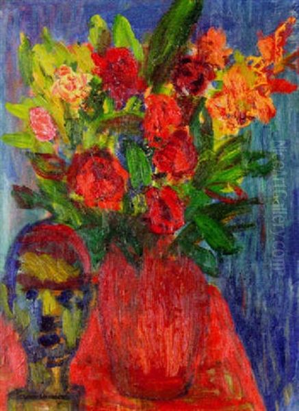 Sommarblomster Med Statyett Oil Painting by Ivan Ivarson