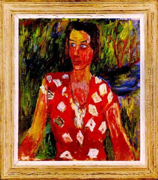 Flicka I Rod Klanning Oil Painting by Ivan Ivarson