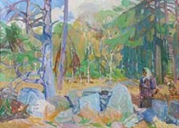 Baerplukkere I Sydskoven, Svaneke Oil Painting by Kraesten Iversen