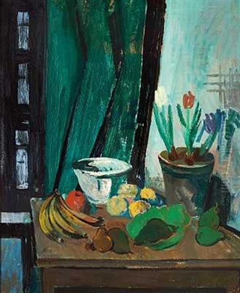 Opstilling Med Frugt Og Tulipaner Oil Painting by Kraesten Iversen