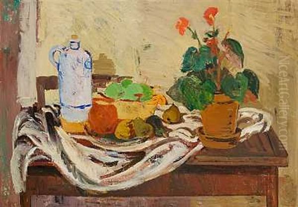 Nature Morte. Et Bord Med Frugt, Potteplante Og Keramik Oil Painting by Kraesten Iversen