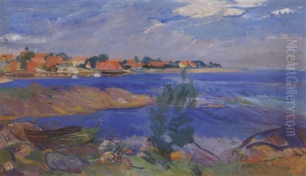 Udsigt Over Bornholmsk Bugt Med Fiskerleje I Baggrunden Oil Painting by Kraesten Iversen