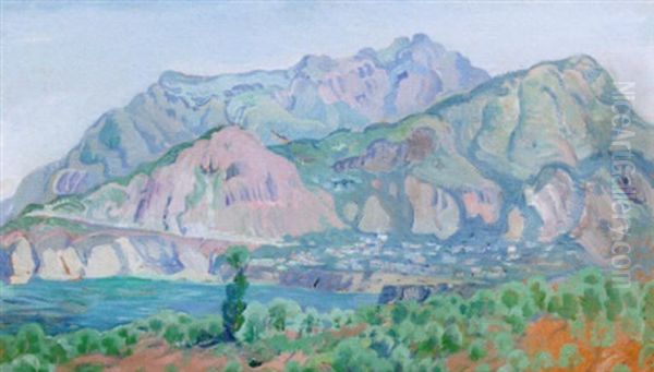 Sydeuropaeisk Kystparti Med Bjerge I Baggrunden Oil Painting by Kraesten Iversen