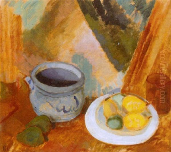 Opstilling Med Frugt Og Lertoj Oil Painting by Kraesten Iversen