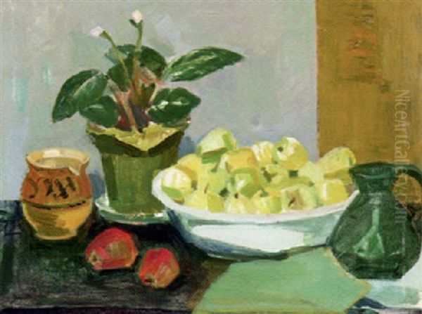 Opstilling Med Kande, Frugter Og Blomst Oil Painting by Kraesten Iversen