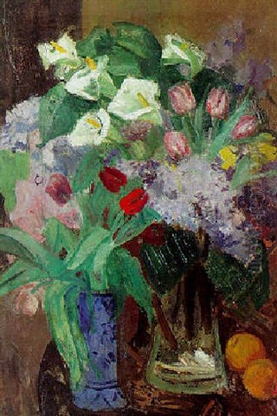 Opstilling Med Blomster I Vase Og Oranger Oil Painting by Kraesten Iversen