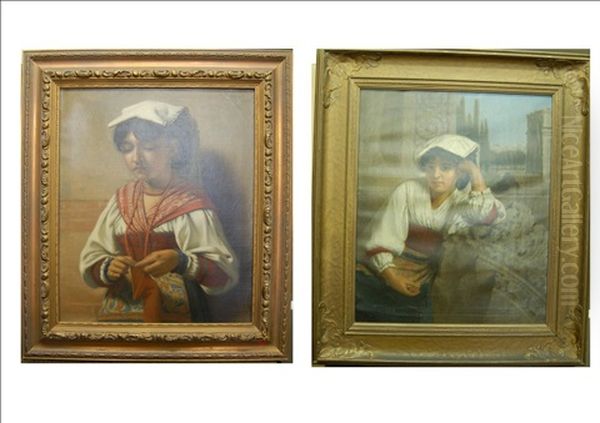 Portrait Of An Italian Girl Knitting (+ Portrait Of An Italian Girl Seated Upon A Balcony; 2 Works) Oil Painting by Lewis Thomas Ives
