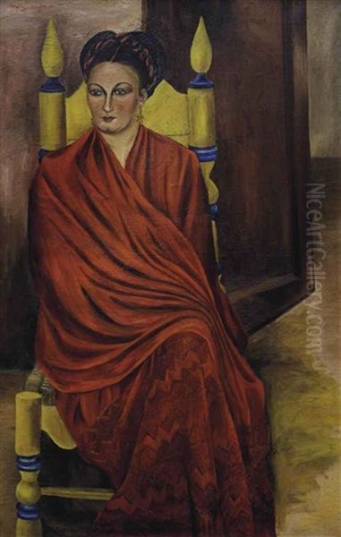 Rebozo Rojo (possible Portrait Of Sra. Maria Luisa Vargas De Dominguez) Oil Painting by Maria Izquierdo