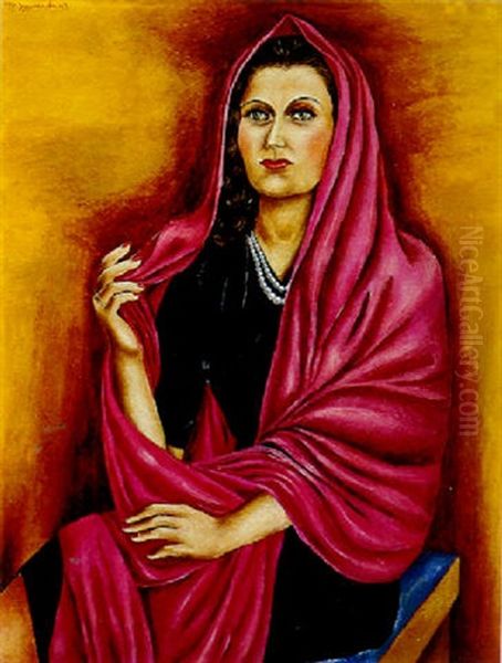 Mujer Con Manto Rojo Oil Painting by Maria Izquierdo