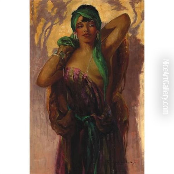A Young Beauty With A Green Scarf Oil Painting by Oscar Theodore Jackman