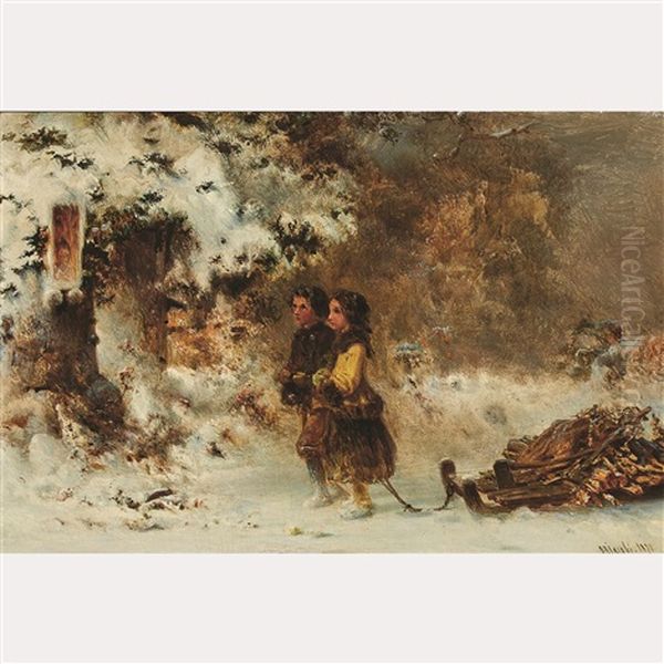Two Children Hauling Firewood Oil Painting by Otto Reinhard Jacobi