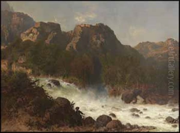 At The River Rapids Oil Painting by Otto Reinhard Jacobi