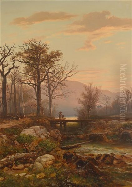Flusslandschaft Mit Staffage Im Abendrot Oil Painting by Otto Reinhard Jacobi
