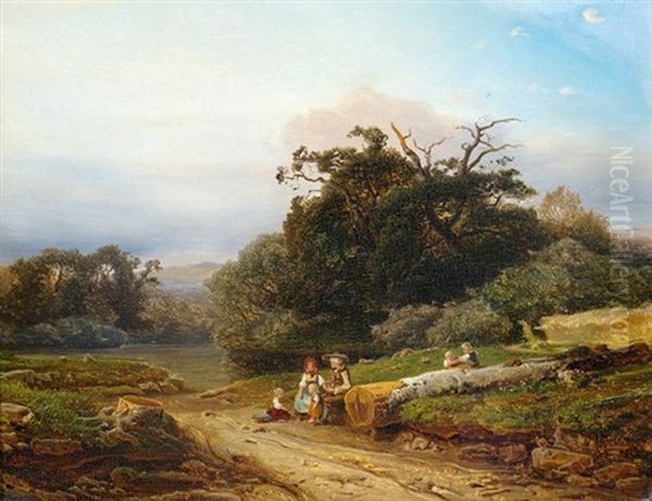 Landschaft Mit Einer Bauernfamilie Bei Der Rast Oil Painting by Otto Reinhard Jacobi