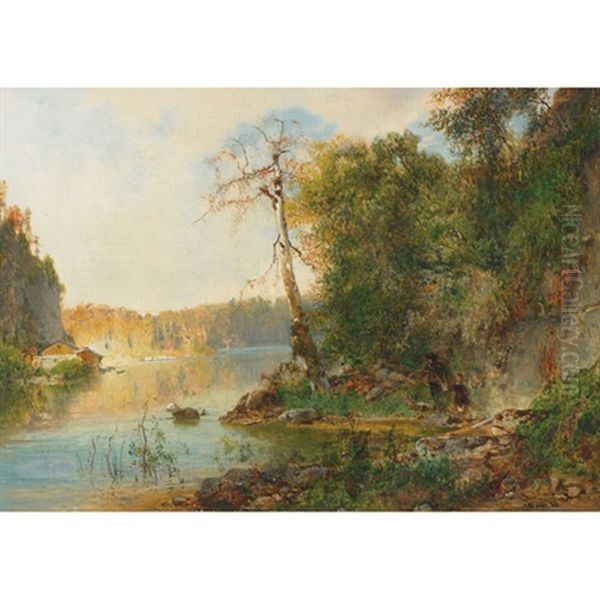 Fisherman And Child At The Water's Edge Oil Painting by Otto Reinhard Jacobi