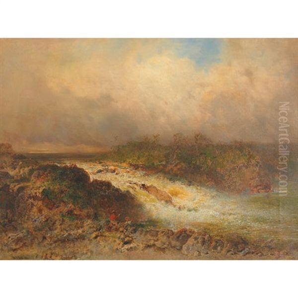 Children At A River Rapids Oil Painting by Otto Reinhard Jacobi