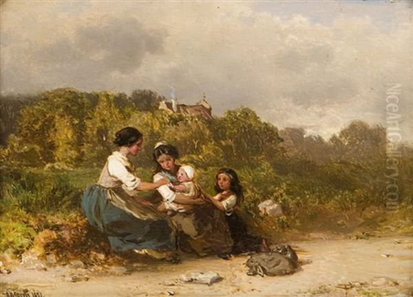 Young Women Gathered Attending To A Child Oil Painting by Otto Reinhard Jacobi