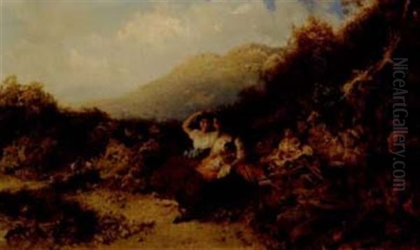 Women And Children Picnicing By Pathway Oil Painting by Otto Reinhard Jacobi