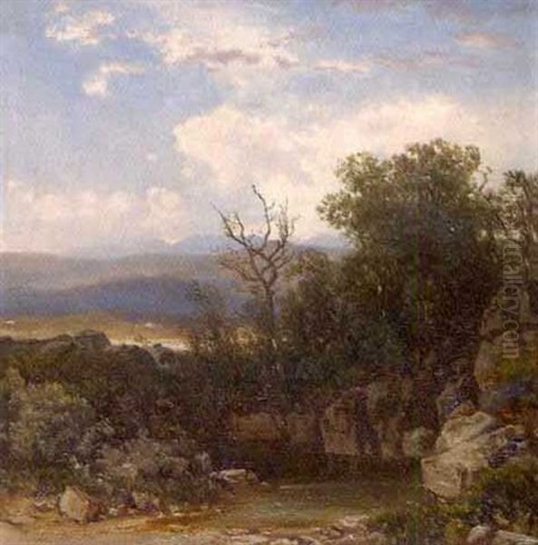 Fels Und Baumgesaumtes Gewasser Vor Weiter, In Die Tiefe Gestaffelter Berglandschaft Oil Painting by Otto Reinhard Jacobi
