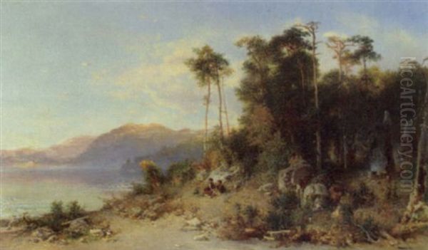 A Couple Sitting By A Lake Oil Painting by Otto Reinhard Jacobi