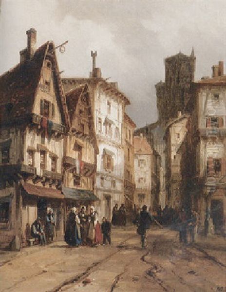 Blick In Eine Alte Strase Mit Zahlreichen Passanten Und Prachtvollen Mittelalterlichen Hausern Oil Painting by Otto Reinhard Jacobi