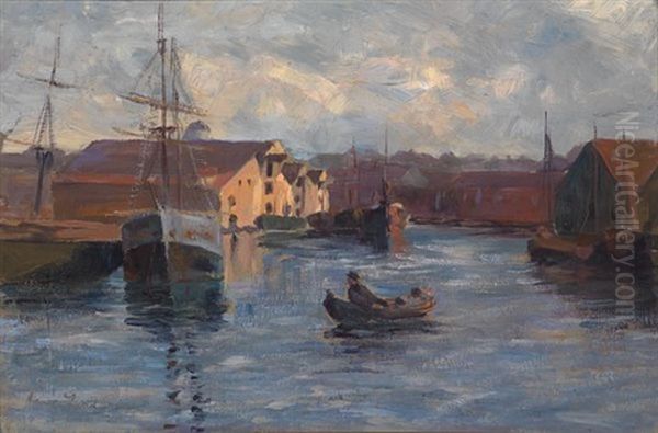 Fra Fiskebryggen Stavanger Ind Over Til Stvgr Reberbane Vaaren Oil Painting by August Jacobsen