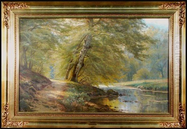 Forest Glade With Stream Oil Painting by August Jacobsen