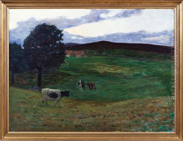 Landskap Med Kyr Oil Painting by August Jacobsen