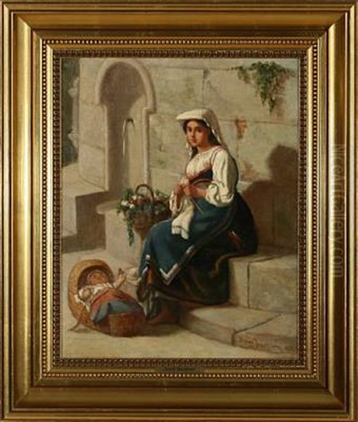 Young Italian Mother Knitting Near A Fountain Oil Painting by David Jacobsen