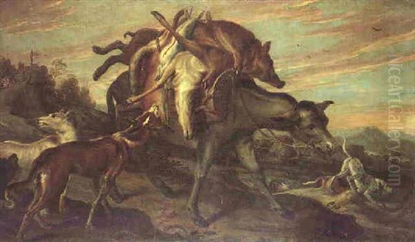 A Mule Laden With Dead Game Surrounded By Hounds, A Hunting Party Beyond Oil Painting by Juriaen Jacobsen