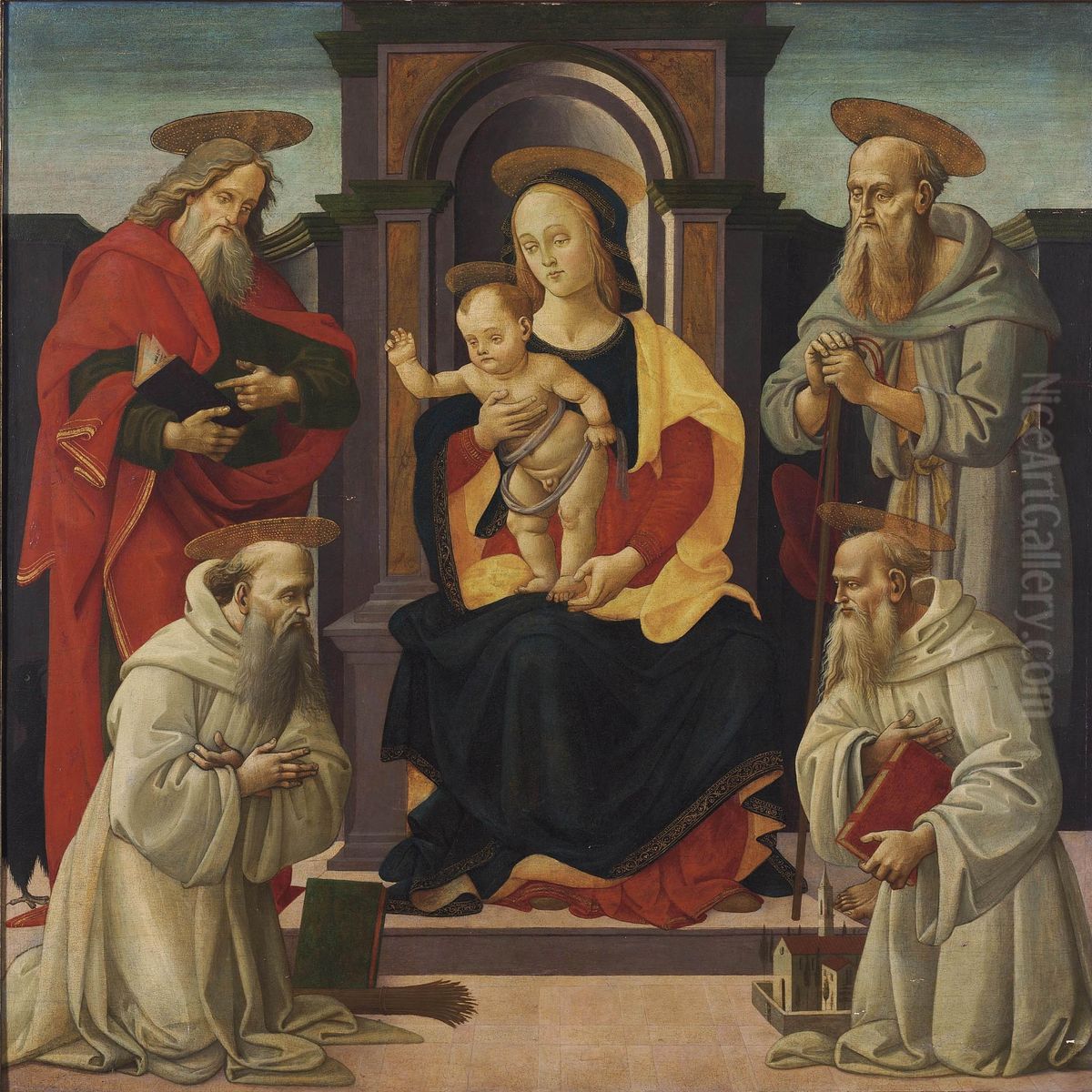 The Madonna And Child Enthroned With Saints John The Evangelist And Jerome, And Two Benedictine Saints Oil Painting by Bartolomeo Di Giovanni