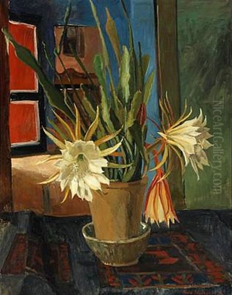 Still Life With Flowering Cactus Oil Painting by Rudolph Jacobsen