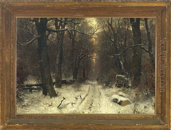 View Of A Snow Covered Path In A Forest At Sunset Oil Painting by Sophus Jacobsen