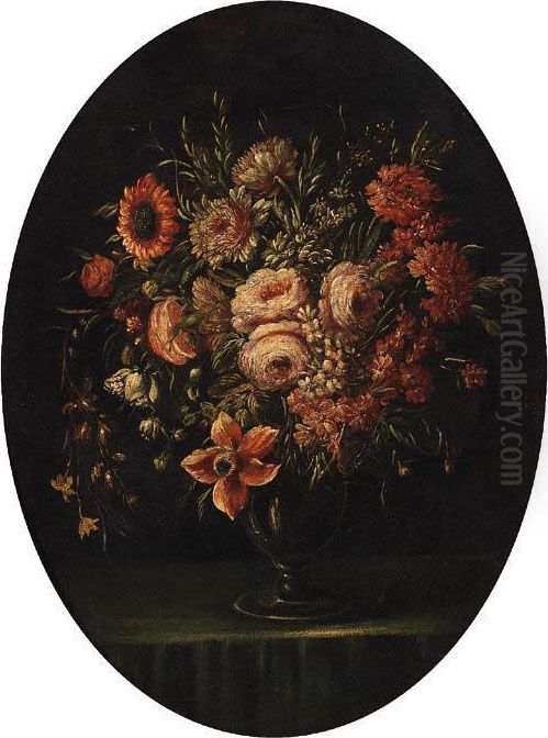 Roses, Carnations, Tulips And Other Flowers In A Glass Vase On Aledge Oil Painting by Bartolome Perez