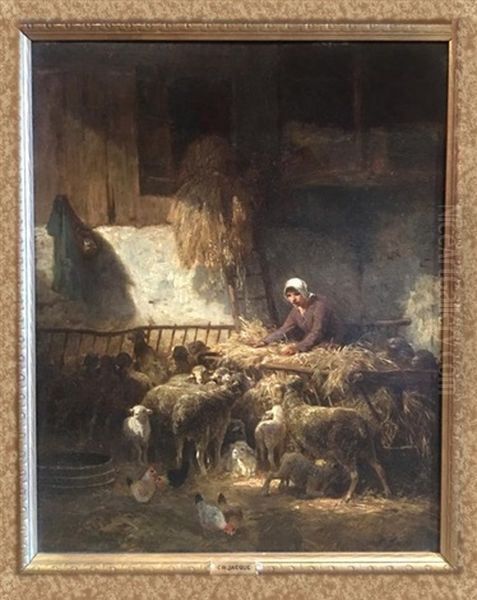 Untitled - Feeding Sheep Oil Painting by Charles Emile Jacque