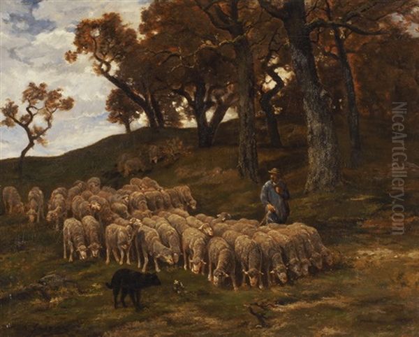 Berger Et Son Troupeau De Moutons Oil Painting by Charles Emile Jacque