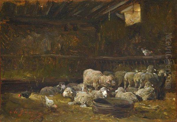 Interior Con Ovejas Oil Painting by Charles Emile Jacque