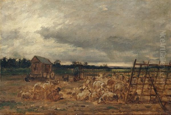 Landschaft Bei Barbizon Mit Lagernder Schafherde Und Einem Schaferkarren Oil Painting by Charles Emile Jacque