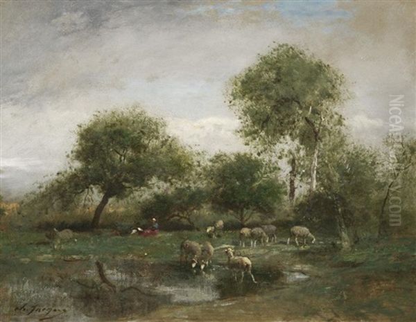 Schafherde Mit Huterin Oil Painting by Charles Emile Jacque