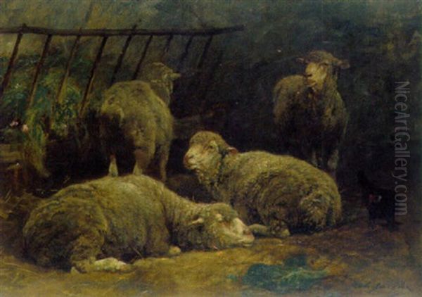 Ruhende Schafe Im Stall Oil Painting by Charles Emile Jacque