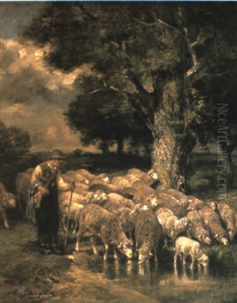 A Shepherd Tending His Flock Oil Painting by Charles Emile Jacque